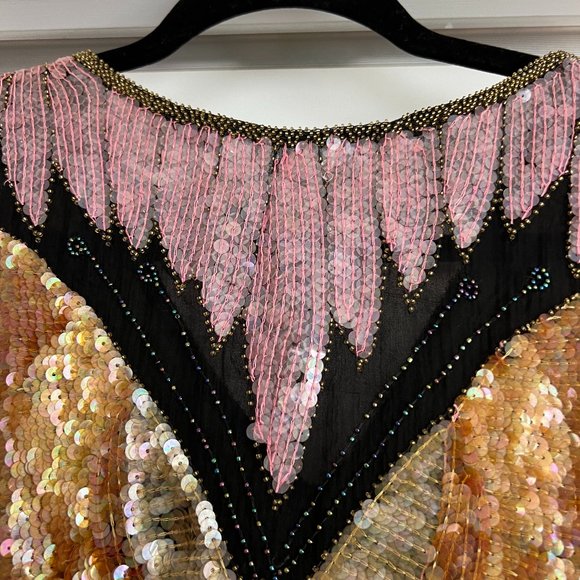Vintage Sequined Butterfly Blouse / 80's Pink Sequin Embellished Silk Top - Picture 2 of 11